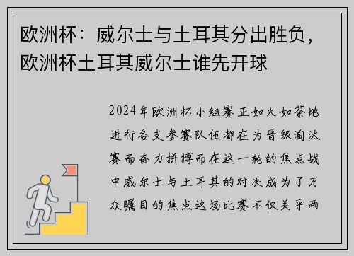 欧洲杯：威尔士与土耳其分出胜负，欧洲杯土耳其威尔士谁先开球
