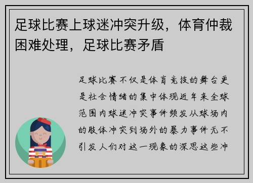 足球比赛上球迷冲突升级，体育仲裁困难处理，足球比赛矛盾